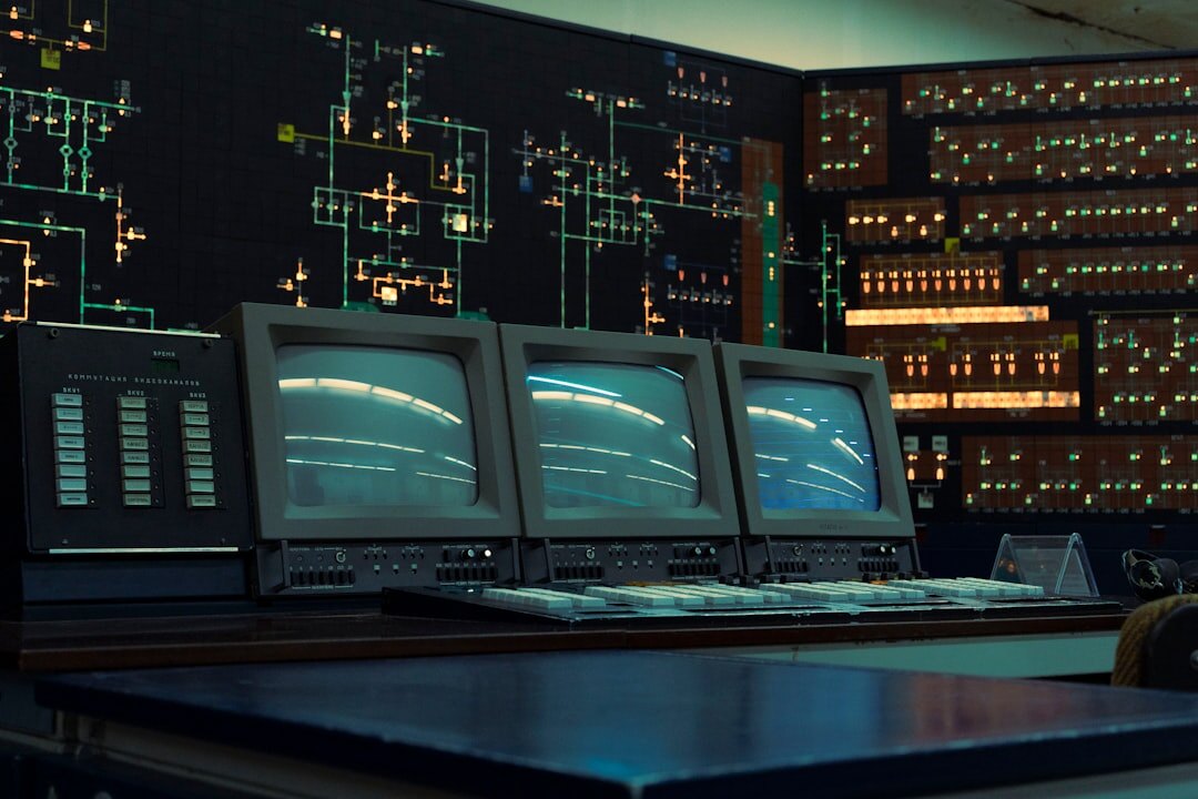 Futuristic technology workspace with multiple screens and data